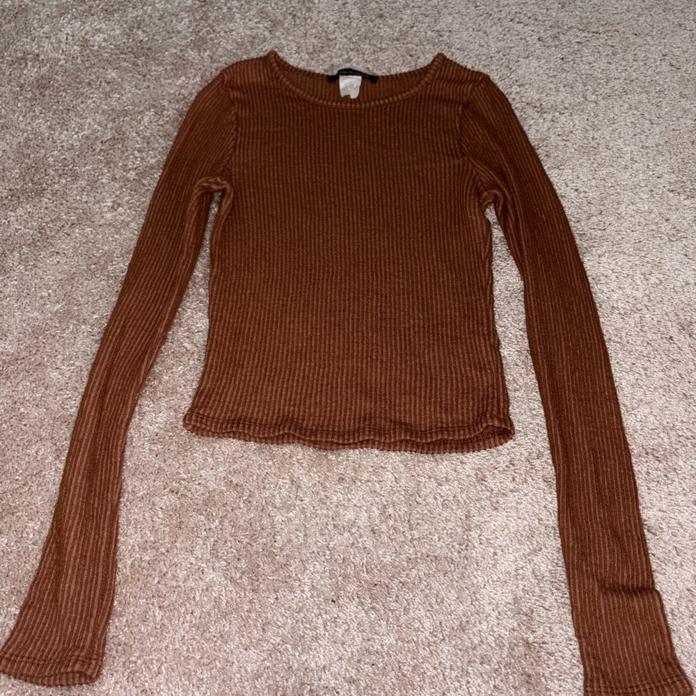 Caution To The Wind Brown Ribbed Fitted Long Sleeve Tee